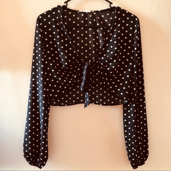 dolls kill black and white polka dot tie front top - Picture 1 of 6